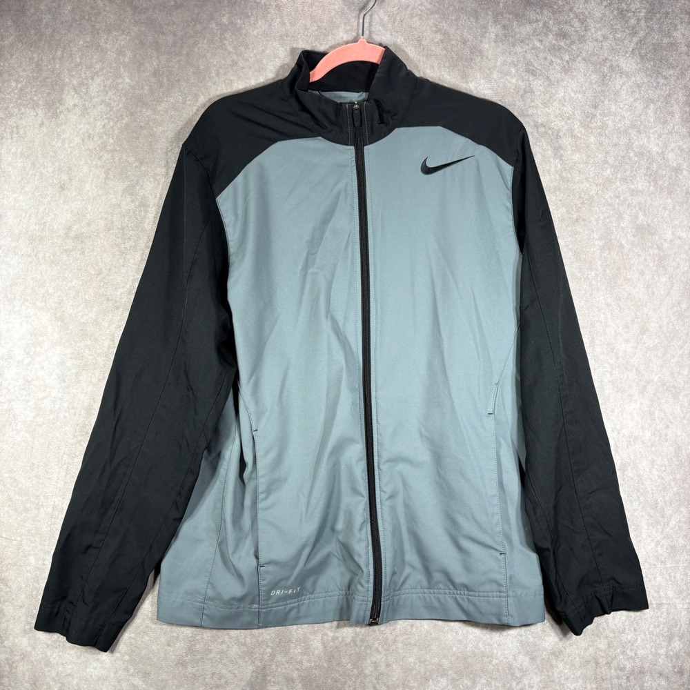 Nike Jacket Mens M Gray Black Dri-Fit Full Zip Lightweight Activewear Swoosh
